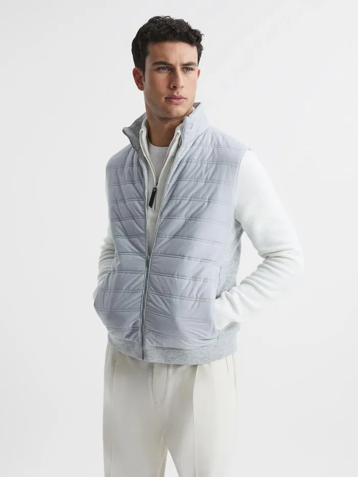 Men Reiss Outerwear and Coats William Hybrid Quilt And Knit ZipThrough Gilet Soft Grey Men Reiss Outerwear and Coats William Hybrid Quilt And Knit ZipThrough Gilet Soft Grey