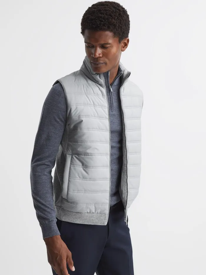 Men Reiss Outerwear and Coats William Hybrid Quilt And Knit ZipThrough Gilet Soft Grey
