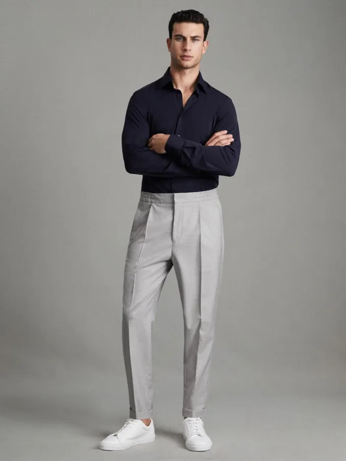 Men Reiss Pants Brighton Relaxed Drawstring Trousers With TurnUps Grey