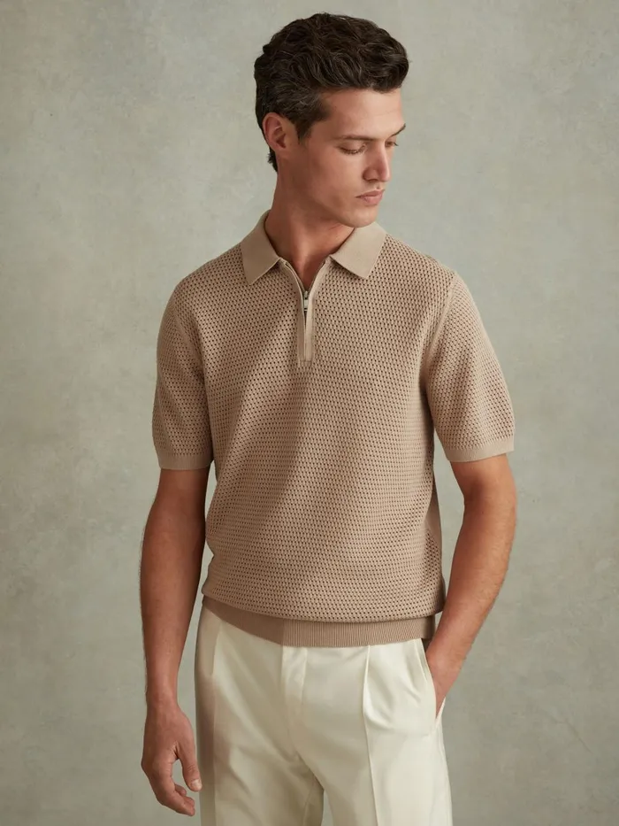 Men Reiss Polo Shirts Burnham Cotton Blend Textured Half Zip Polo Shirt Taupe Men Reiss Polo Shirts Burnham Cotton Blend Textured Half Zip Polo Shirt Taupe
