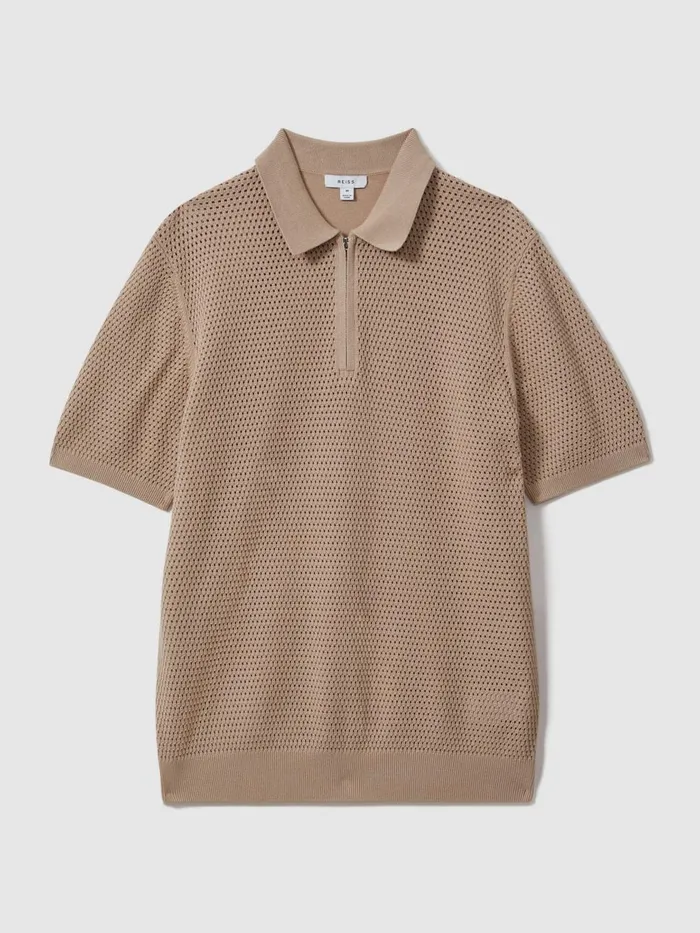 Men Reiss Polo Shirts Burnham Cotton Blend Textured Half Zip Polo Shirt Taupe