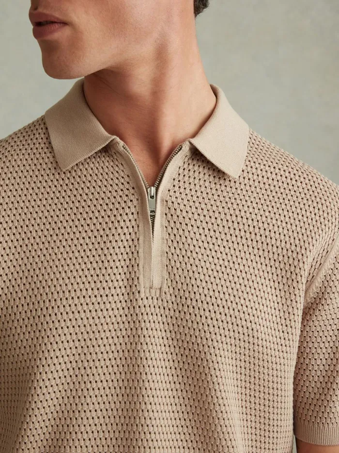 Men Reiss Polo Shirts Burnham Cotton Blend Textured Half Zip Polo Shirt Taupe