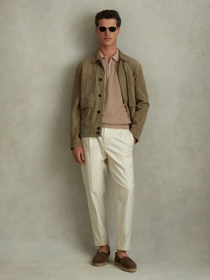 Men Reiss Polo Shirts Burnham Cotton Blend Textured Half Zip Polo Shirt Taupe