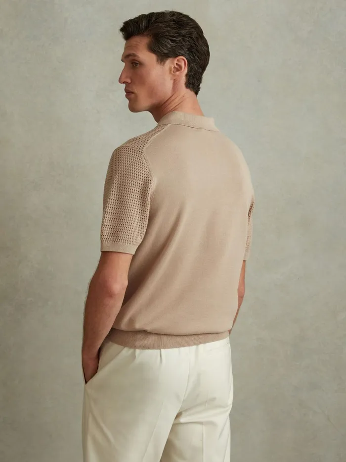 Men Reiss Polo Shirts Burnham Cotton Blend Textured Half Zip Polo Shirt Taupe