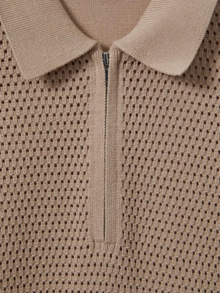 Men Reiss Polo Shirts Burnham Cotton Blend Textured Half Zip Polo Shirt Taupe