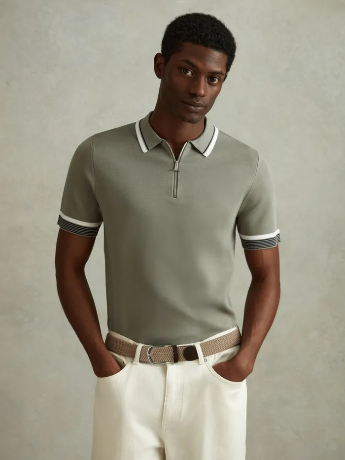 Men Reiss Polo Shirts Chelsea HalfZip Polo Shirt Sage