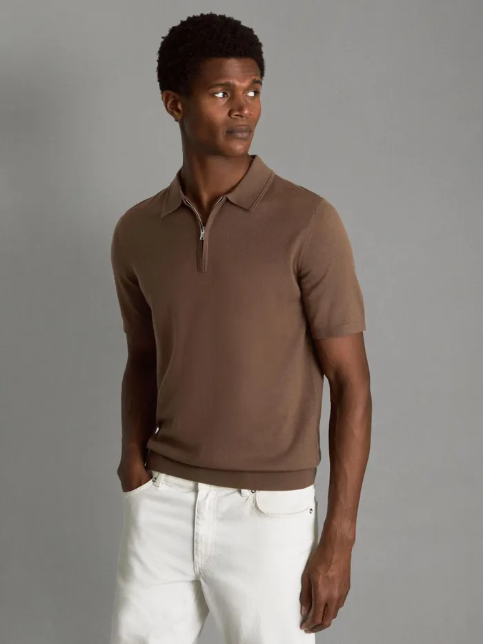 Men Reiss Polo Shirts Maxwell Merino Wool HalfZip Polo Shirt Pecan Brown