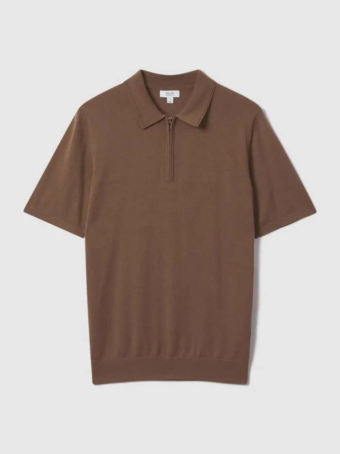 Men Reiss Polo Shirts Maxwell Merino Wool HalfZip Polo Shirt Pecan Brown