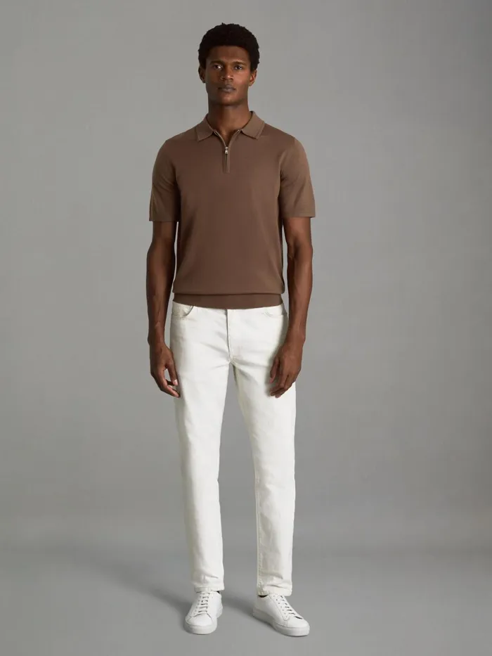 Men Reiss Polo Shirts Maxwell Merino Wool HalfZip Polo Shirt Pecan Brown
