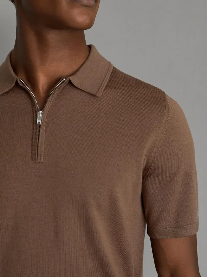 Men Reiss Polo Shirts Maxwell Merino Wool HalfZip Polo Shirt Pecan Brown