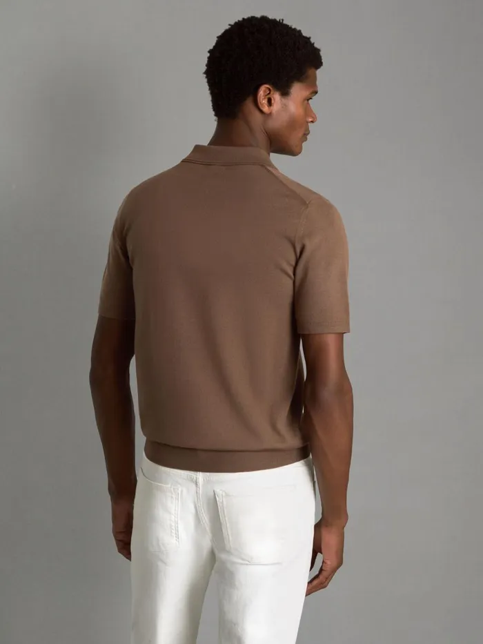 Men Reiss Polo Shirts Maxwell Merino Wool HalfZip Polo Shirt Pecan Brown