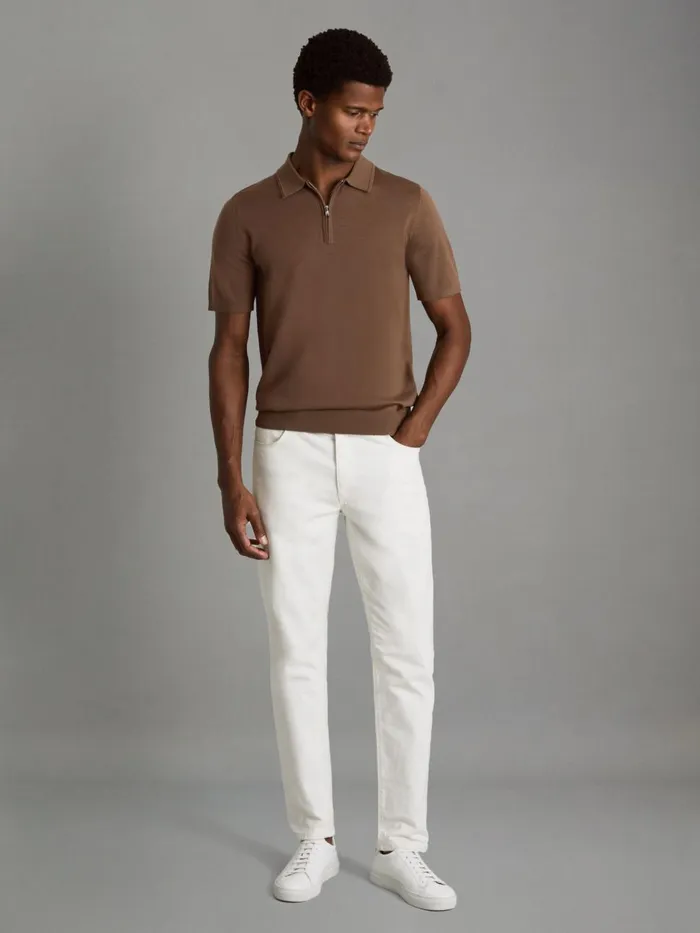 Men Reiss Polo Shirts Maxwell Merino Wool HalfZip Polo Shirt Pecan Brown