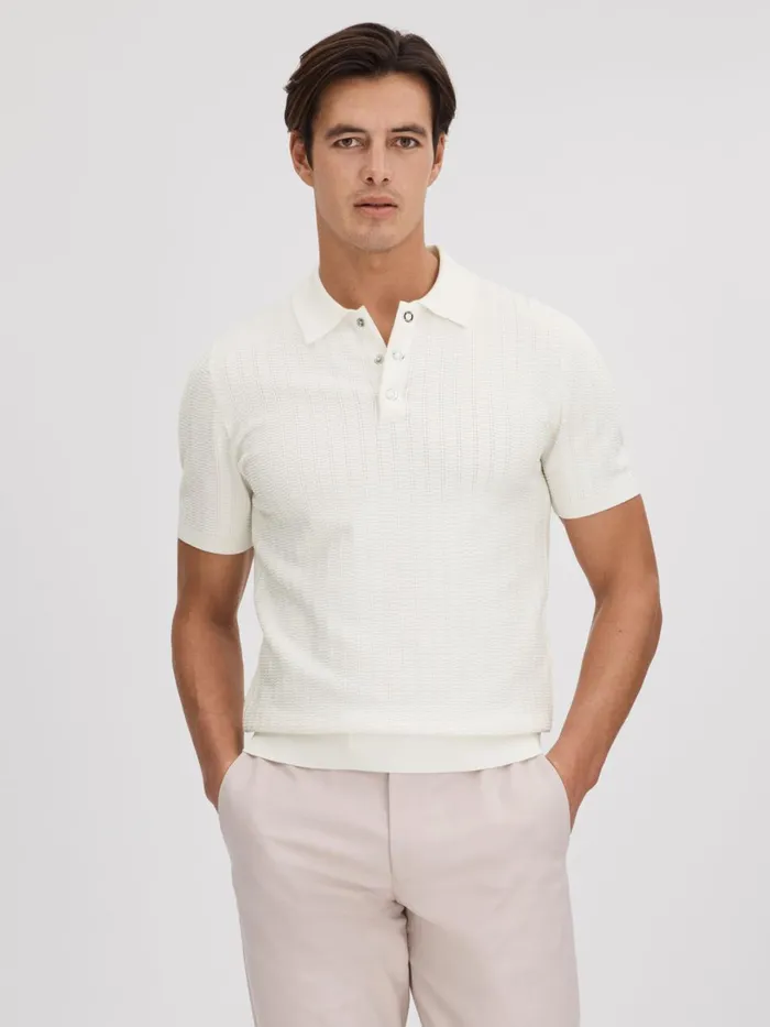 Men Reiss Polo Shirts Pascoe Textured Modal Blend Polo Shirt White