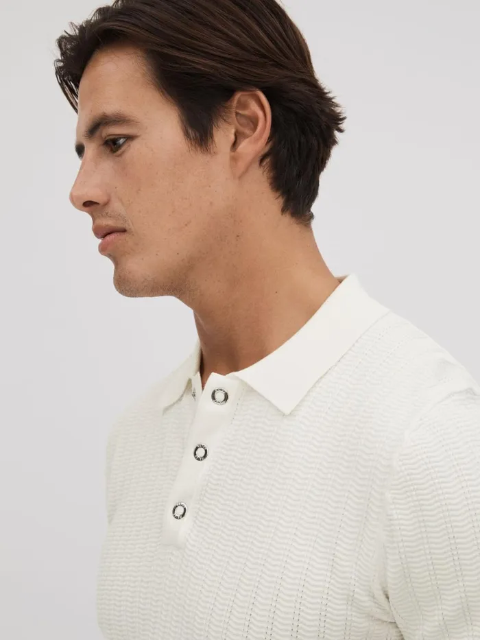 Men Reiss Polo Shirts Pascoe Textured Modal Blend Polo Shirt White