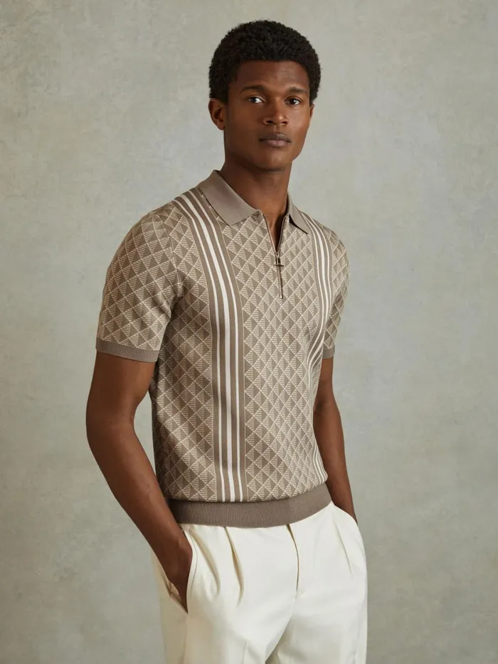 Men Reiss Polo Shirts Sanderson HalfZip Diamond Stitch Polo Shirt Oatmeal