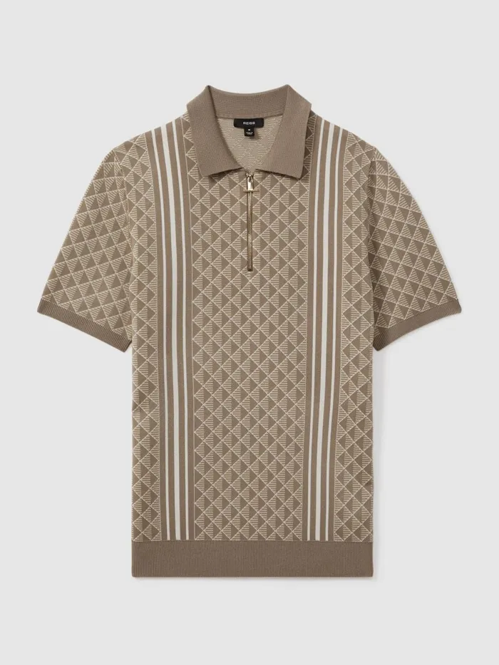 Men Reiss Polo Shirts Sanderson HalfZip Diamond Stitch Polo Shirt Oatmeal