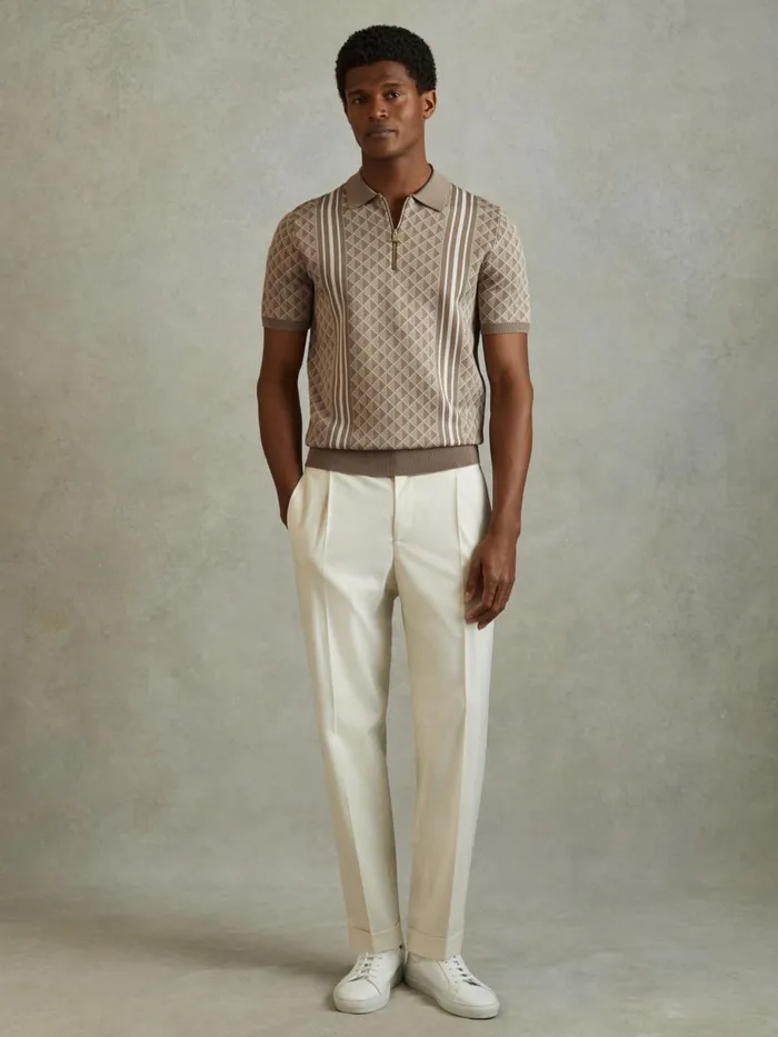 Men Reiss Polo Shirts Sanderson HalfZip Diamond Stitch Polo Shirt Oatmeal