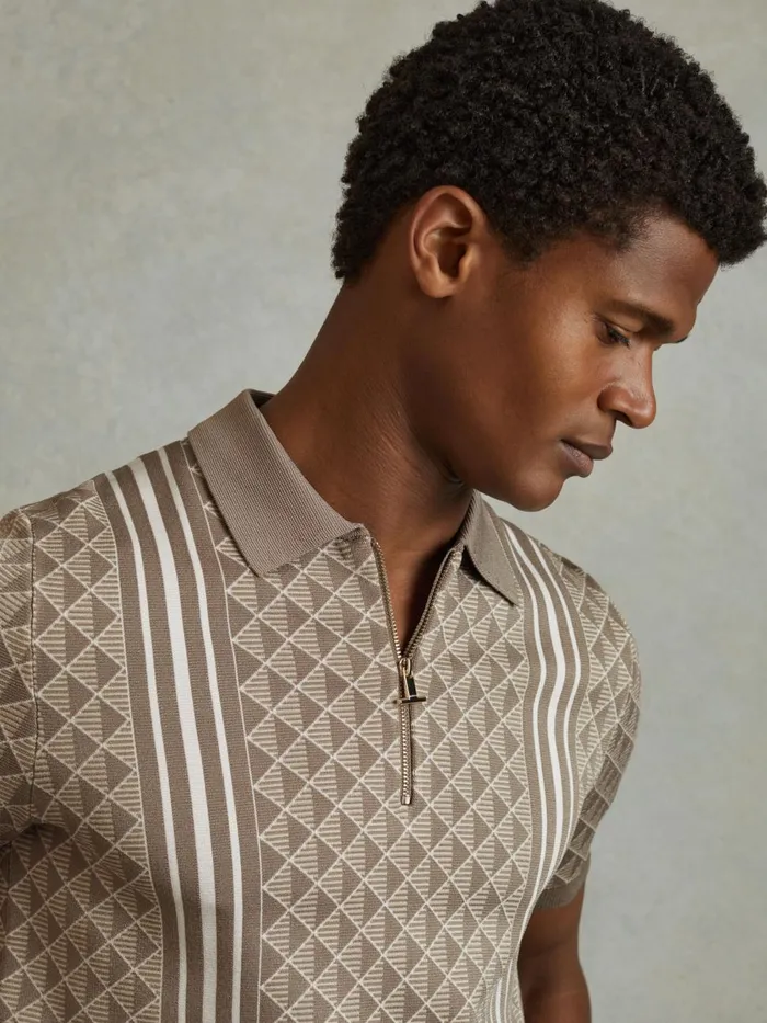 Men Reiss Polo Shirts Sanderson HalfZip Diamond Stitch Polo Shirt Oatmeal