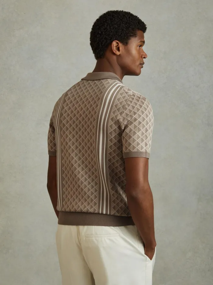 Men Reiss Polo Shirts Sanderson HalfZip Diamond Stitch Polo Shirt Oatmeal