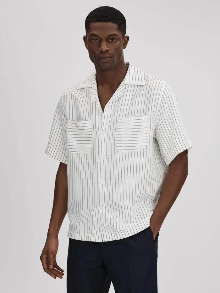 Men Reiss Shirts Anchor Boxy Fit Striped Shirt Whitenavy