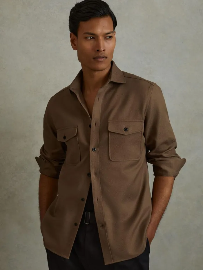 Men Reiss Shirts Arlo Cotton Canvas Overshirt Tobacco Brown
