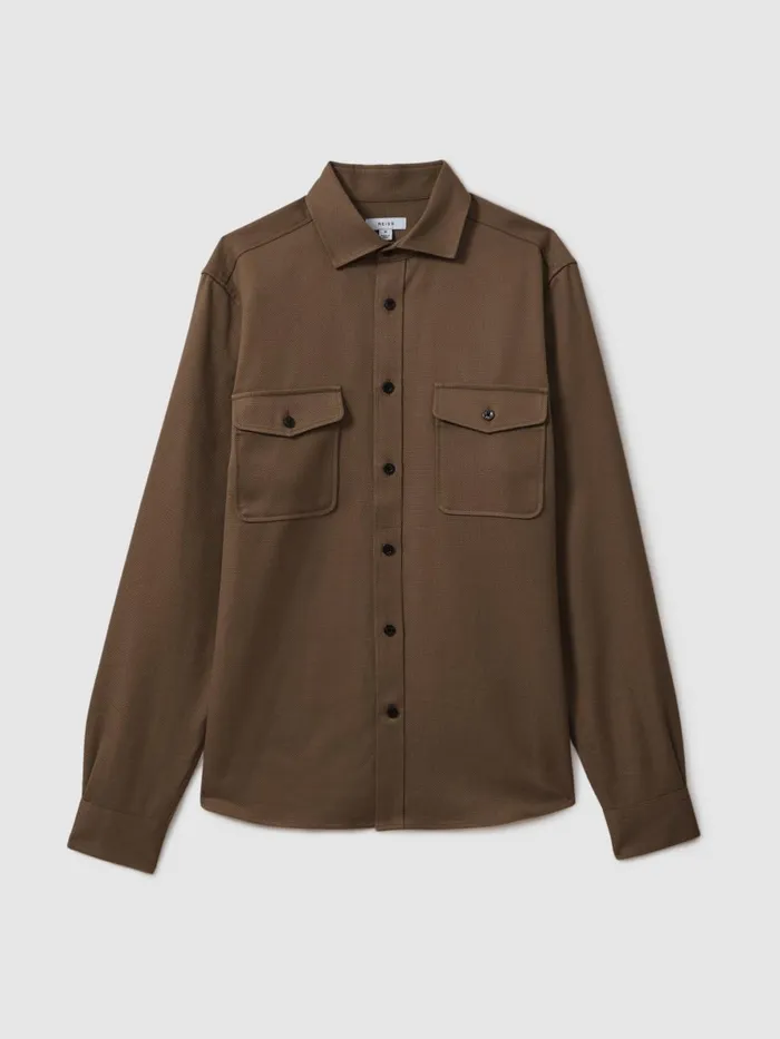 Men Reiss Shirts Arlo Cotton Canvas Overshirt Tobacco Brown