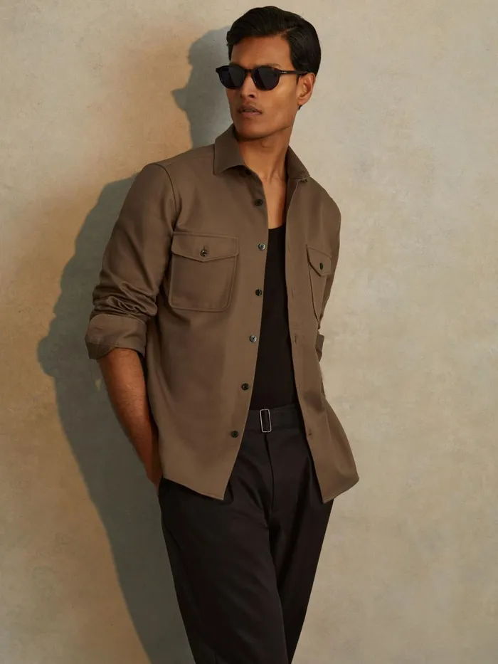 Men Reiss Shirts Arlo Cotton Canvas Overshirt Tobacco Brown