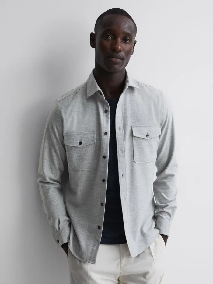 Men Reiss Shirts Chaser ButtonThrough Twin Pocket Overshirt Soft Grey Melange Men Reiss Shirts Chaser ButtonThrough Twin Pocket Overshirt Soft Grey Melange