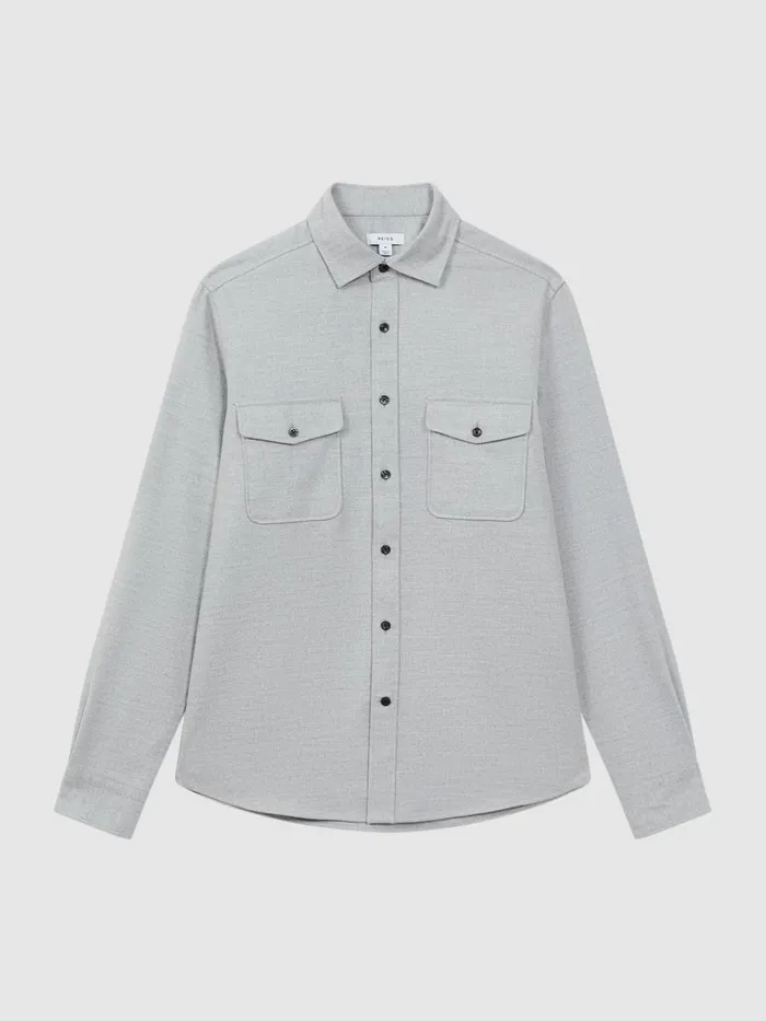 Men Reiss Shirts Chaser ButtonThrough Twin Pocket Overshirt Soft Grey Melange