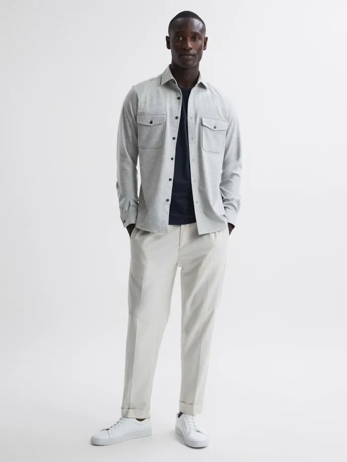 Men Reiss Shirts Chaser ButtonThrough Twin Pocket Overshirt Soft Grey Melange