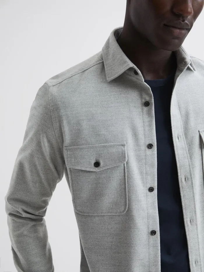 Men Reiss Shirts Chaser ButtonThrough Twin Pocket Overshirt Soft Grey Melange