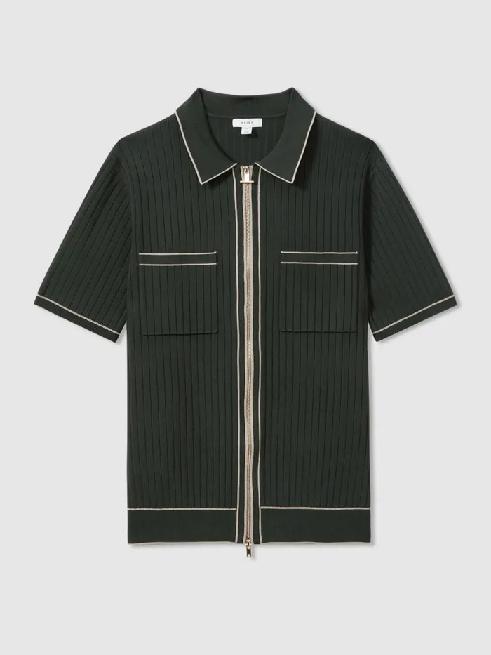 Men Reiss Shirts Christophe Ribbed Dual ZipFront Shirt Dark Green