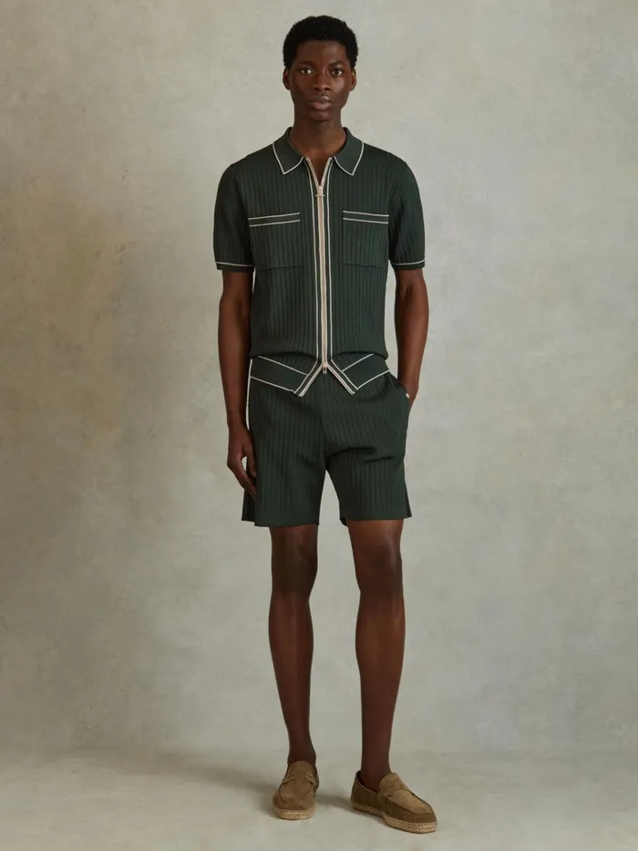 Men Reiss Shirts Christophe Ribbed Dual ZipFront Shirt Dark Green