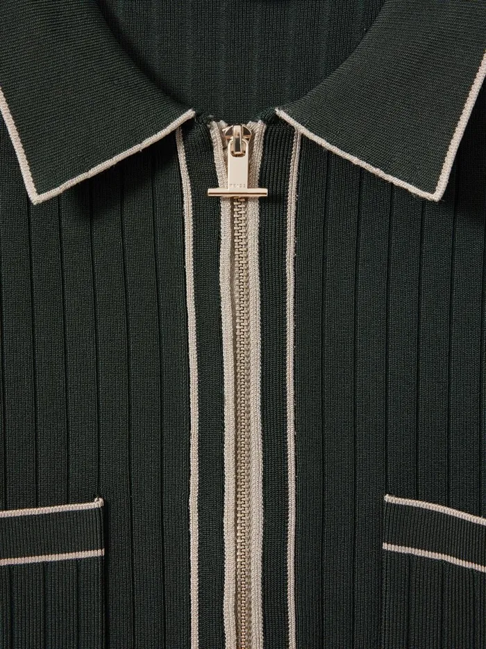 Men Reiss Shirts Christophe Ribbed Dual ZipFront Shirt Dark Green