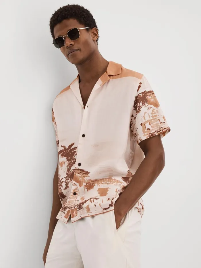 Men Reiss Shirts Deux Cuban Collar Shirt With TENCEL Fibers Terracotta