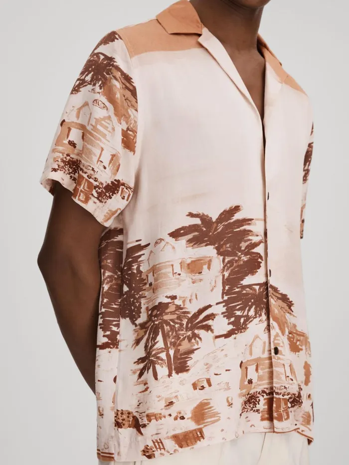 Men Reiss Shirts Deux Cuban Collar Shirt With TENCEL Fibers Terracotta