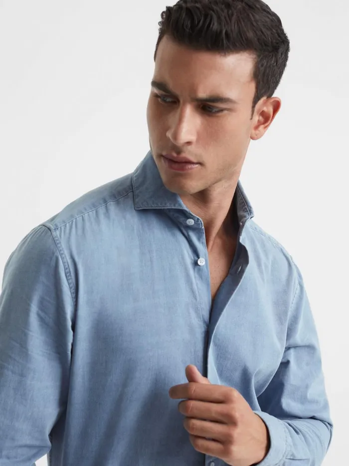 Men Reiss Shirts Draper Washed Chambray ButtonThrough Shirt Blue