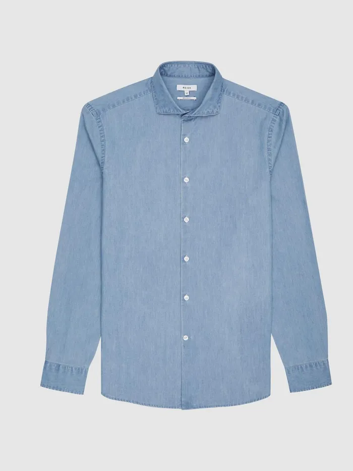 Men Reiss Shirts Draper Washed Chambray ButtonThrough Shirt Blue