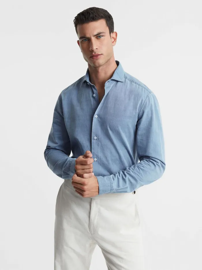 Men Reiss Shirts Draper Washed Chambray ButtonThrough Shirt Blue