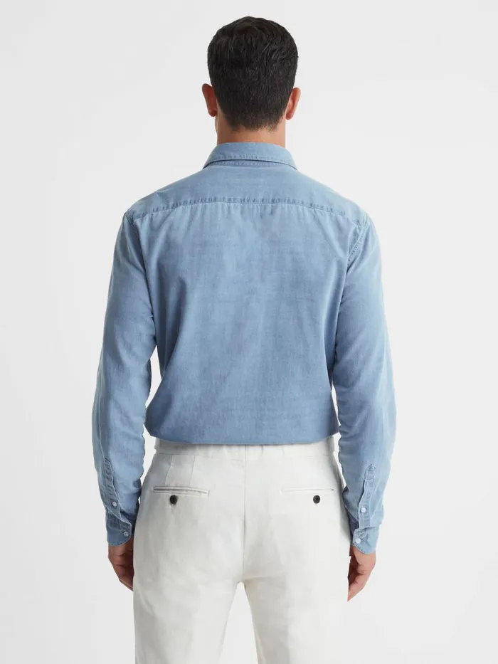 Men Reiss Shirts Draper Washed Chambray ButtonThrough Shirt Blue