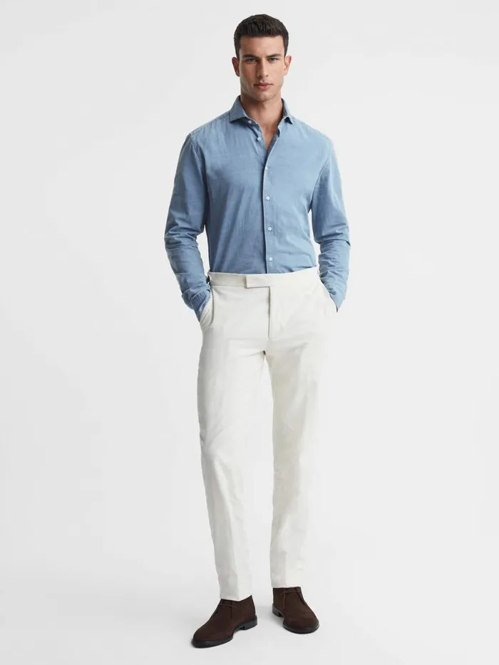 Men Reiss Shirts Draper Washed Chambray ButtonThrough Shirt Blue