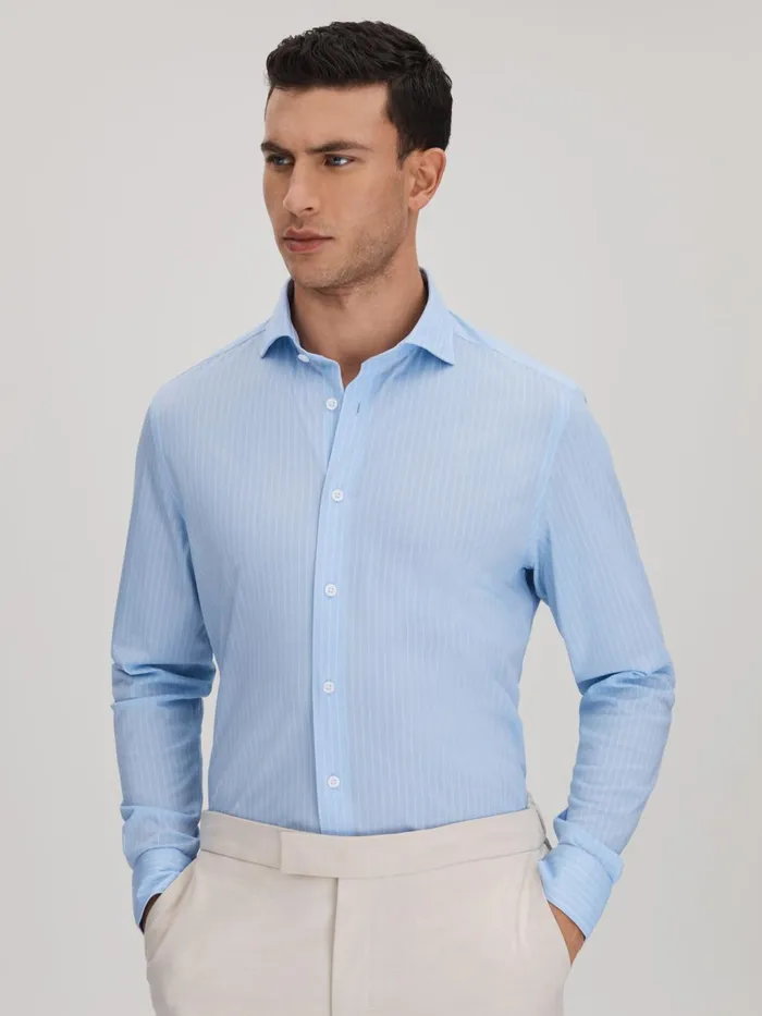 Men Reiss Shirts Fletcher Striped Cotton Blend Shirt Soft Bluewhite