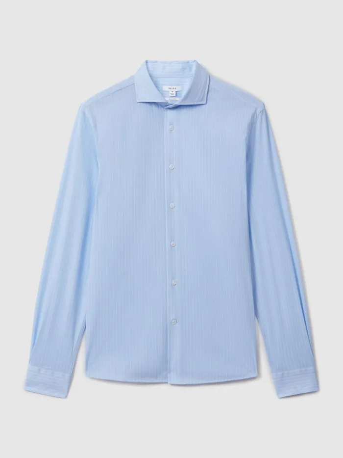 Men Reiss Shirts Fletcher Striped Cotton Blend Shirt Soft Bluewhite