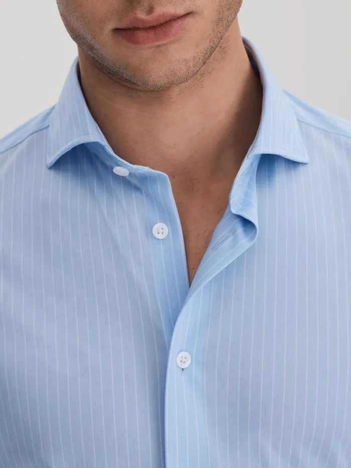 Men Reiss Shirts Fletcher Striped Cotton Blend Shirt Soft Bluewhite