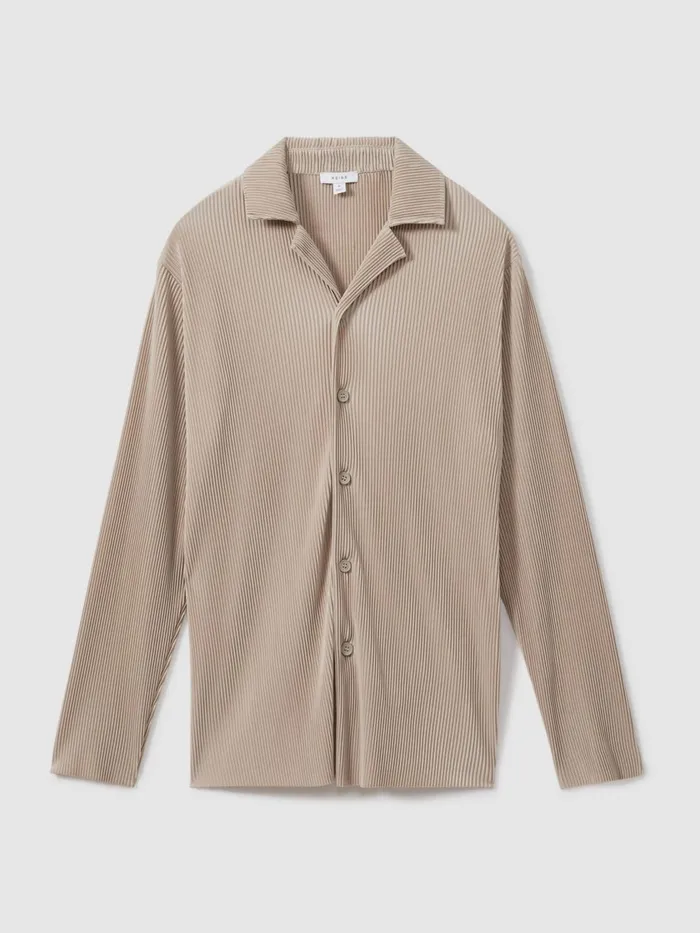 Men Reiss Shirts Icon Plisse Cuban Collar Shirt Champagne