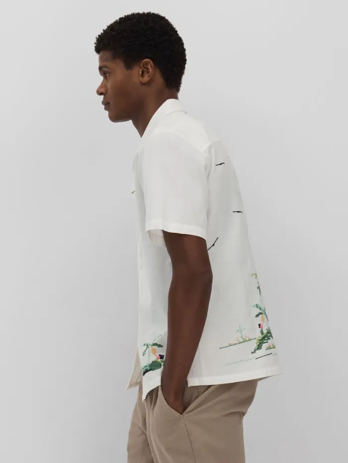 Men Reiss Shirts London Relaxed Embroidered Shirt Ecru