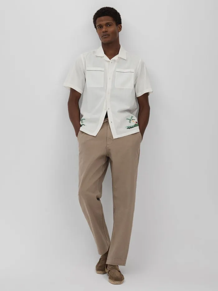 Men Reiss Shirts London Relaxed Embroidered Shirt Ecru
