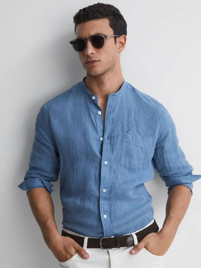 Men Reiss Shirts Ocean Linen Grandad Collar Shirt Airforce Blue