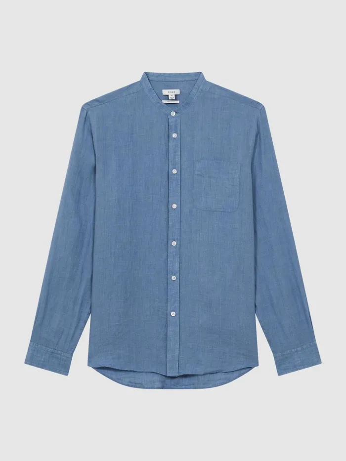 Men Reiss Shirts Ocean Linen Grandad Collar Shirt Airforce Blue
