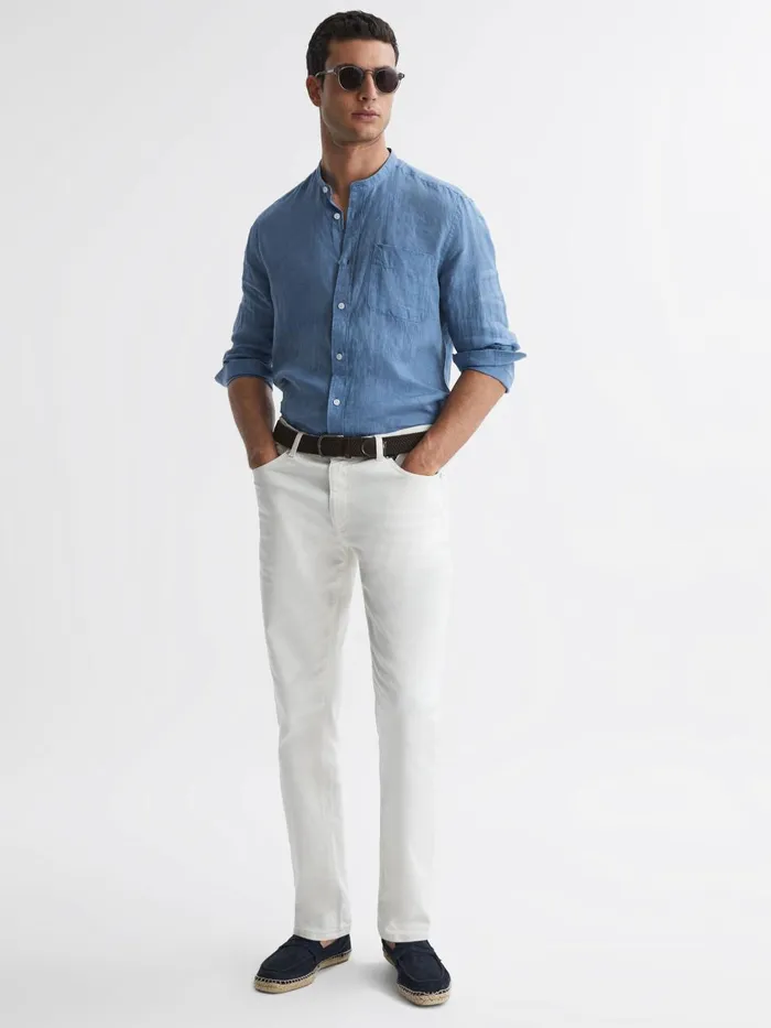 Men Reiss Shirts Ocean Linen Grandad Collar Shirt Airforce Blue